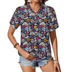 Graphic Flowers On Black Women's Short-Sleeve Button Up Shirt white Women's Short-Sleeve Button Up Shirt Plants Printed Offshore