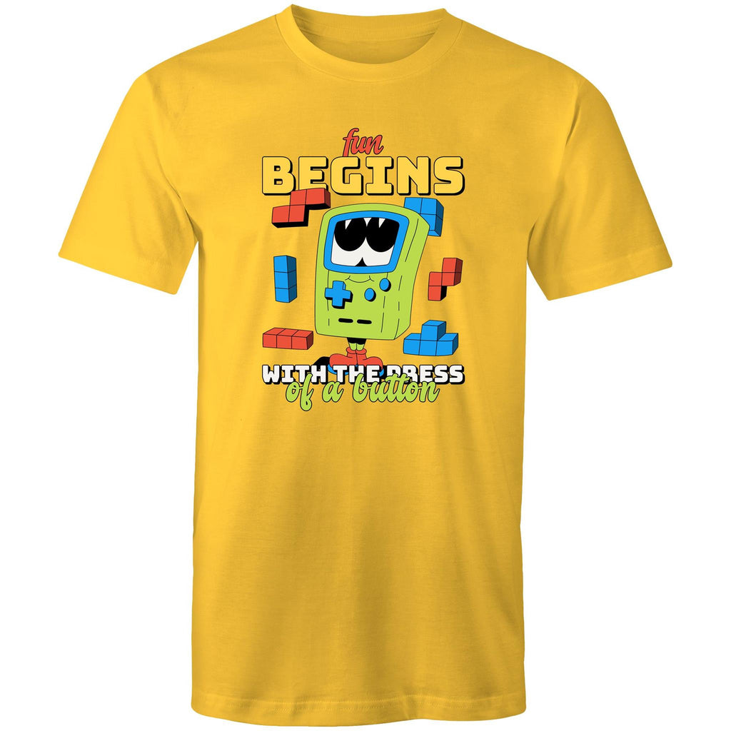 Fun Begins With The Press Of A Button, Video Game - Mens T-Shirt Yellow Mens T-shirt Games Printed In Australia