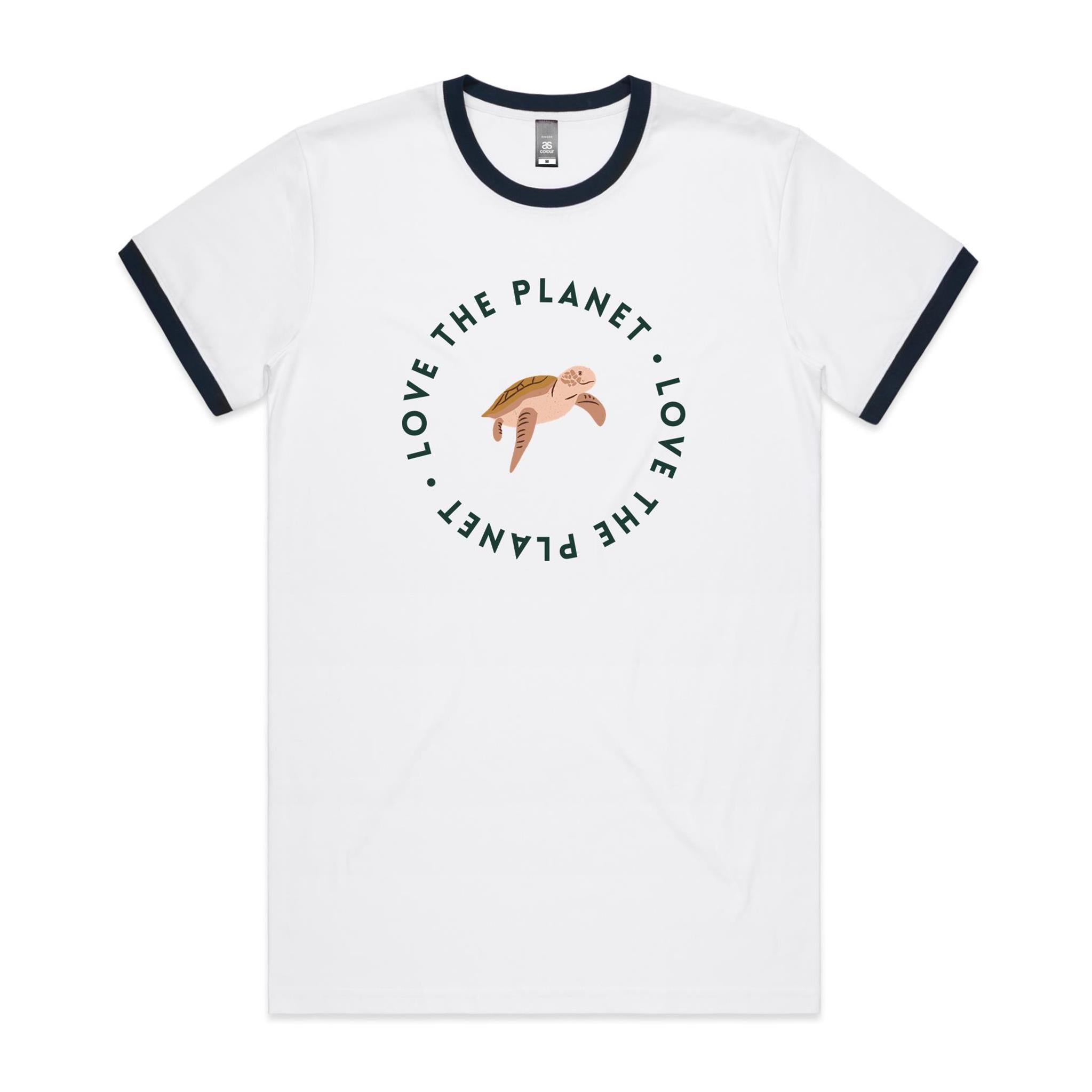 Love The Planet, Turtle - Staple Ringer Tee White Navy Ringer T-Shirt animal Environment Printed In Australia