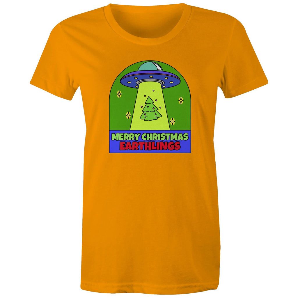Merry Christmas Earthlings, UFO - Womens T-shirt Orange Womens Christmas T-shirt Christmas Printed In Australia