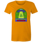 Merry Christmas Earthlings, UFO - Womens T-shirt Orange Womens Christmas T-shirt Christmas Printed In Australia