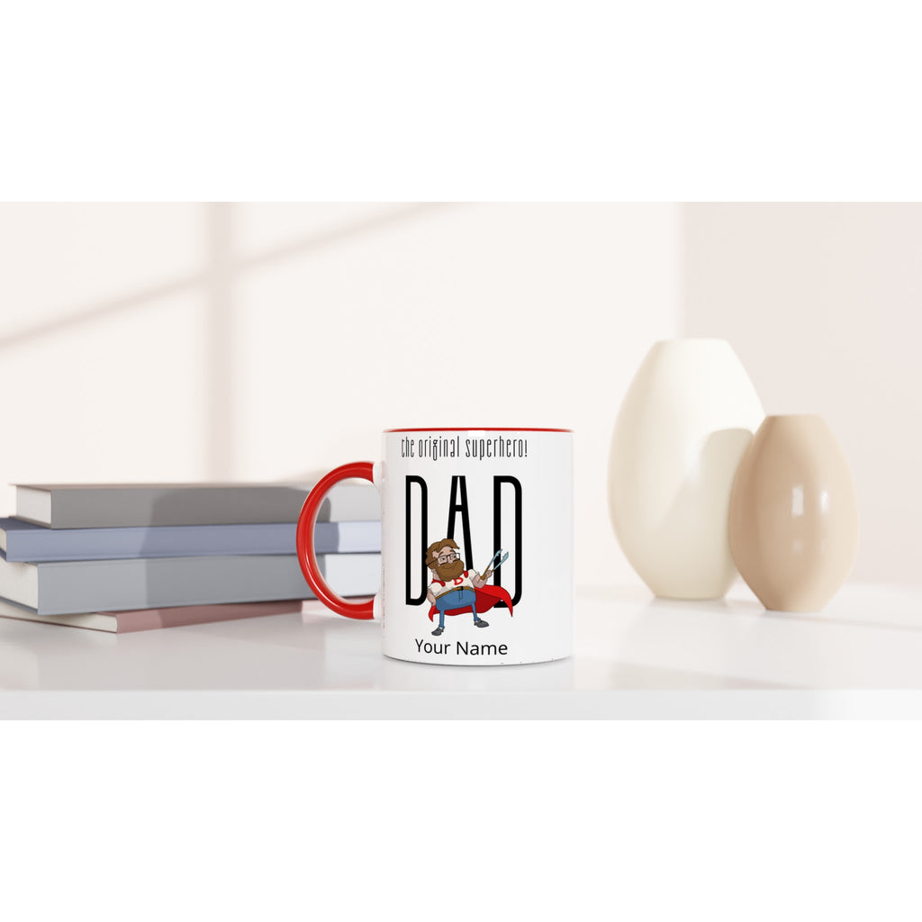 Personalised - Dad, The Original Superhero - White 11oz Ceramic Mug with Colour Inside Personalised 11oz Mug comic Customise Dad Globally Fulfilled Name Personalise
