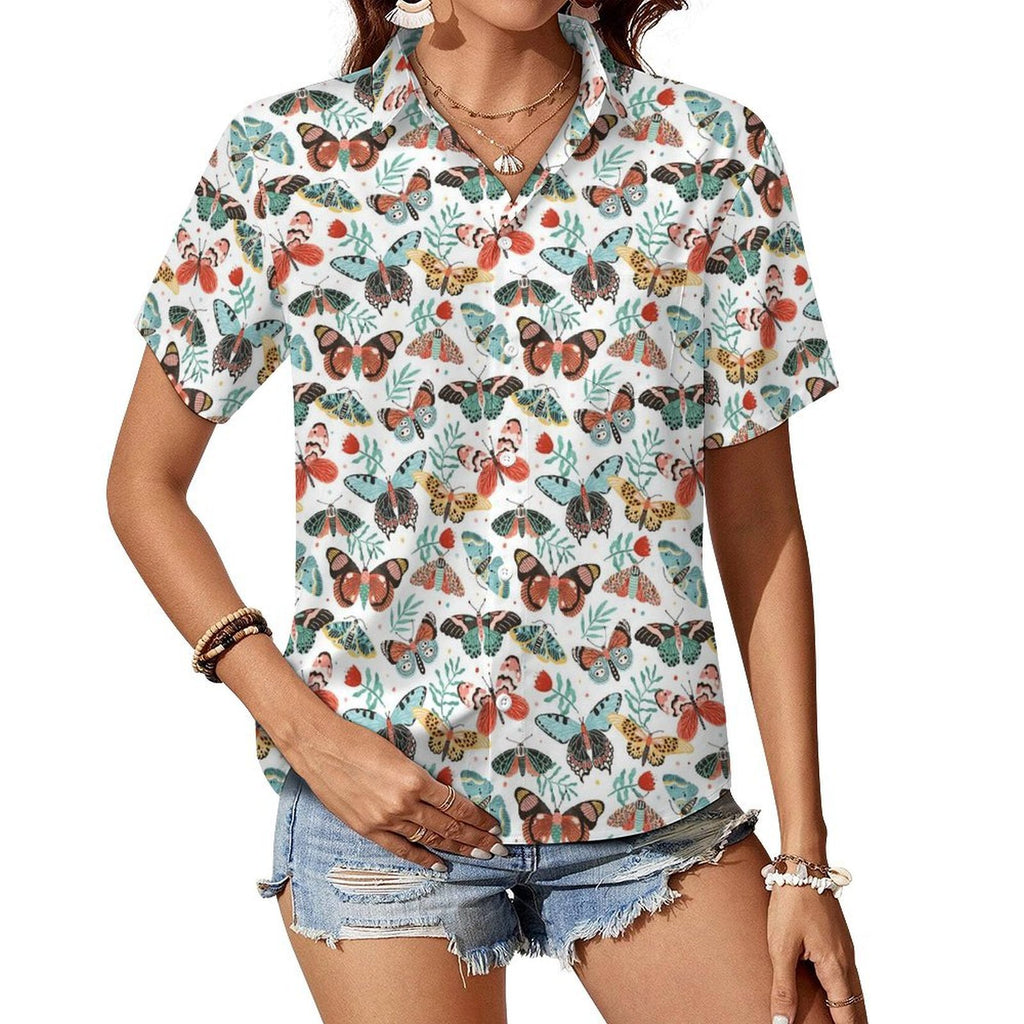 Pretty Moths And Butterflies Women's Short-Sleeve Button Up Shirt white Women's Short-Sleeve Button Up Shirt animal Printed Offshore