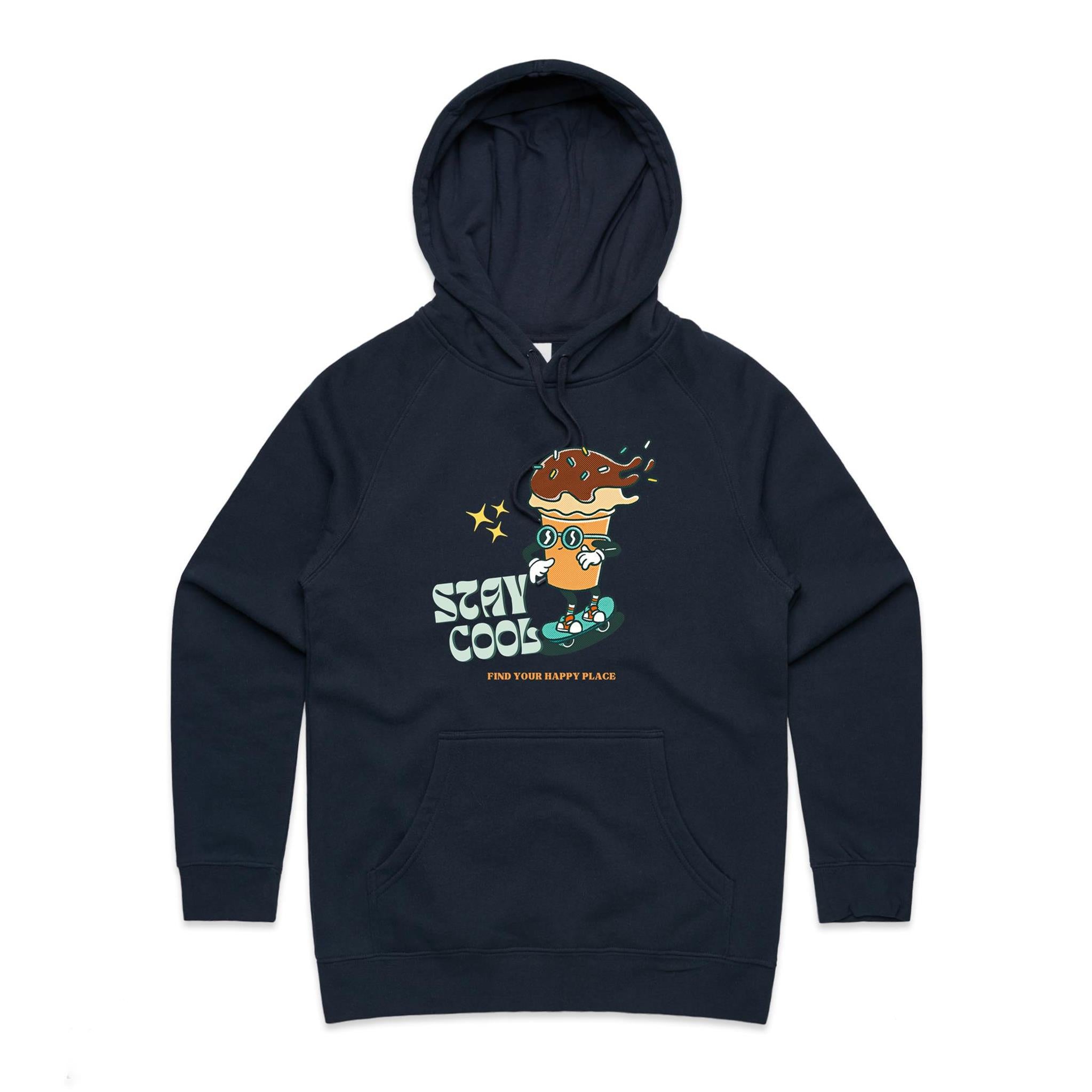 Stay Cool, Ice-cream Skateboard - Womens Hoodie Navy Womens Hoodie Food Printed In Australia Summer