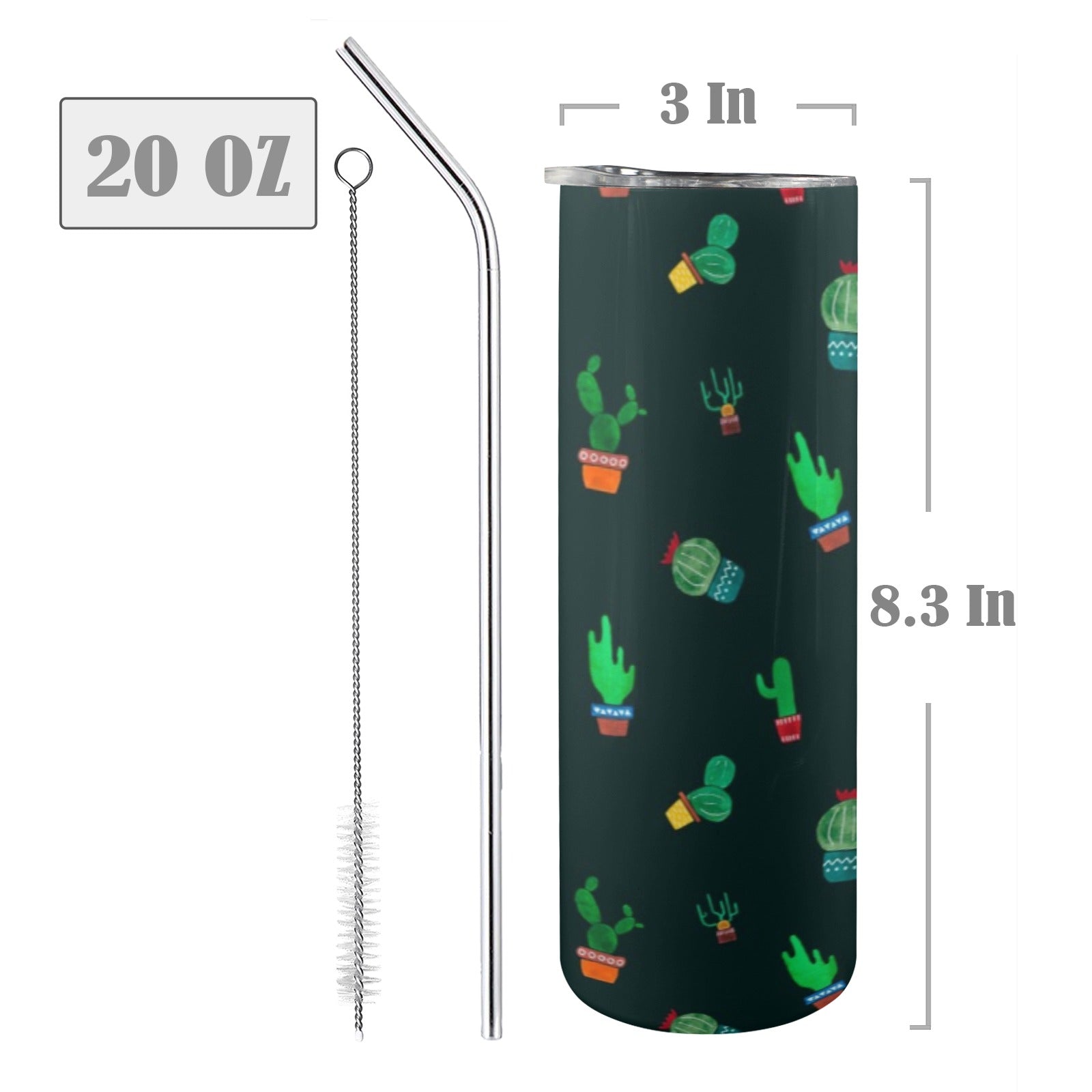 Cactus On Black - 20oz Tall Skinny Tumbler with Lid and Straw