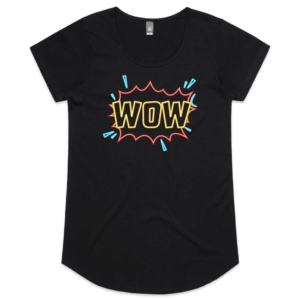 Wow, Comic Book - Womens Scoop Neck T-Shirt Black Womens Scoop Neck T-shirt comic Printed In Australia