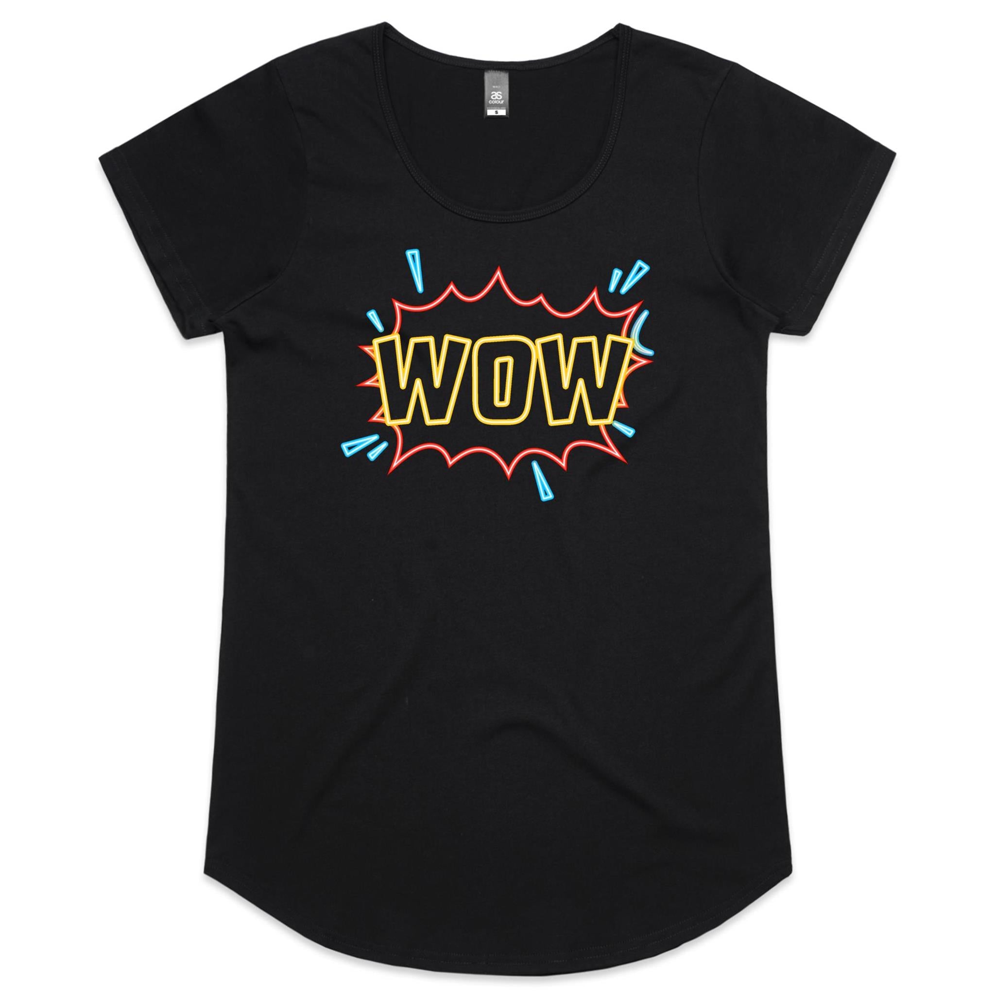 Wow, Comic Book - Womens Scoop Neck T-Shirt Black Womens Scoop Neck T-shirt comic Printed In Australia