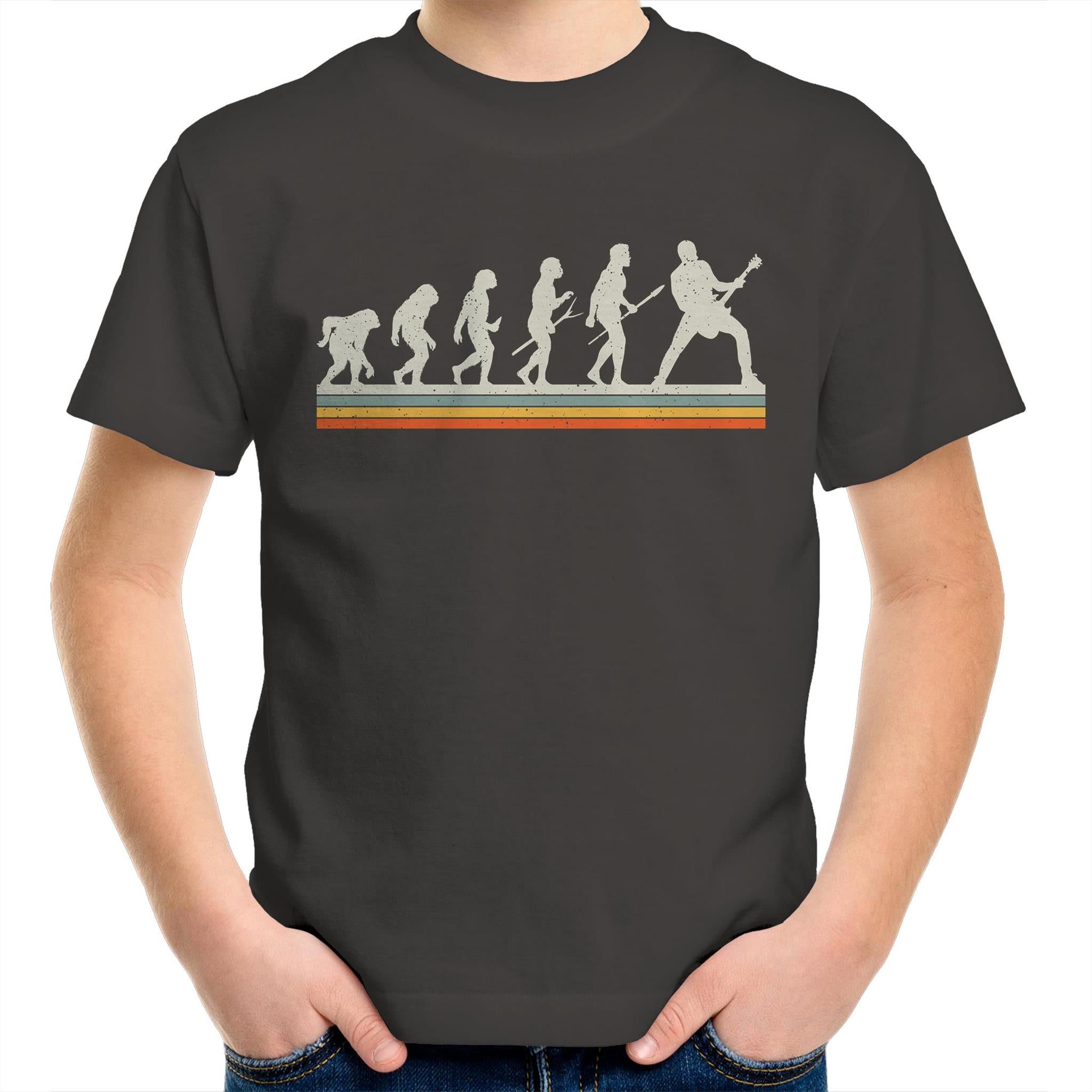 Guitar Player Evolution - Kids Youth T-Shirt Charcoal Kids Youth T-shirt Music Printed In Australia