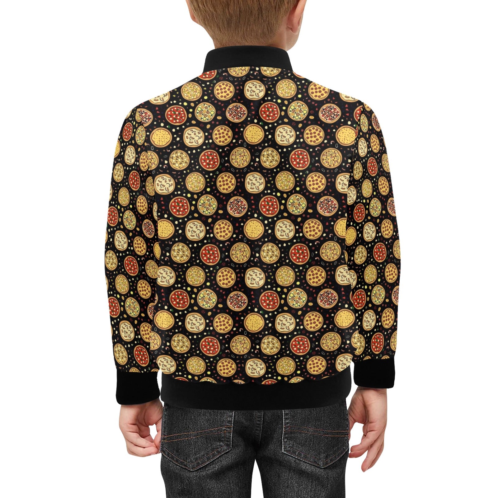 Round Pizzas On Black Kids Bomber Jacket Kids Bomber Jacket Food Printed Offshore