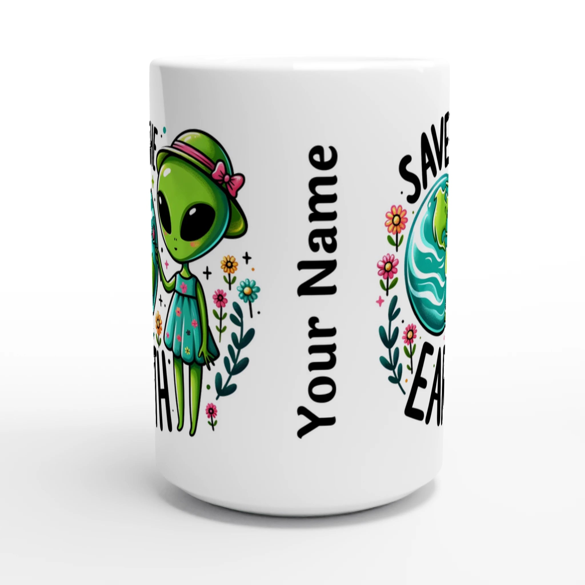 Personalised - Save The Earth, Alien - White 15oz Ceramic Mug Personalised 15oz Mug customise Environment Globally Fulfilled personalise Sci Fi