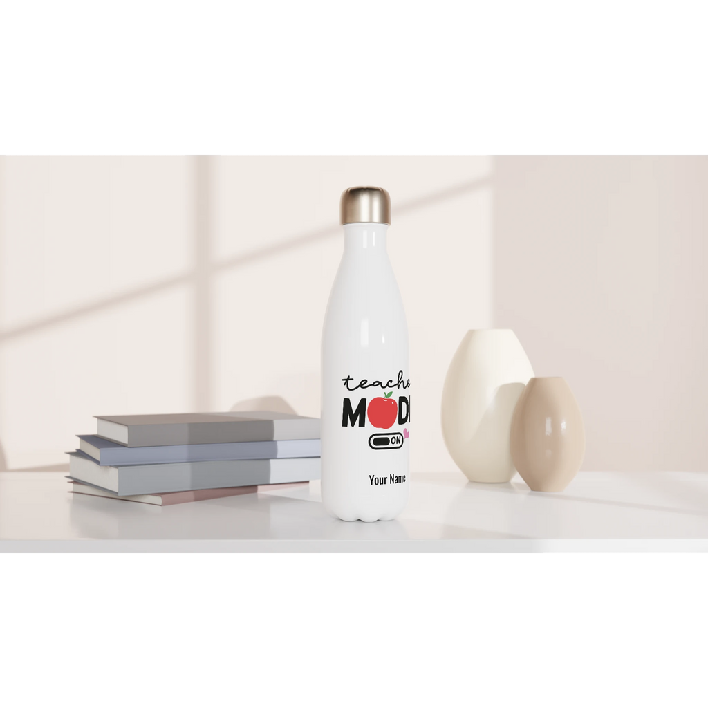Personalised - Teacher Mode On - White 17oz Stainless Steel Water Bottle Personalised Water Bottle customise Globally Fulfilled personalise Teacher