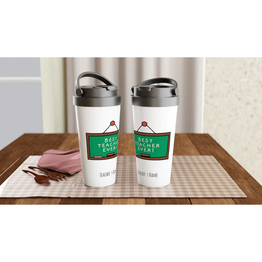 Personalise - Best Teacher Ever, Blackboard - White 15oz Stainless Steel Travel Mug Personalised Travel Mug Globally Fulfilled Teacher