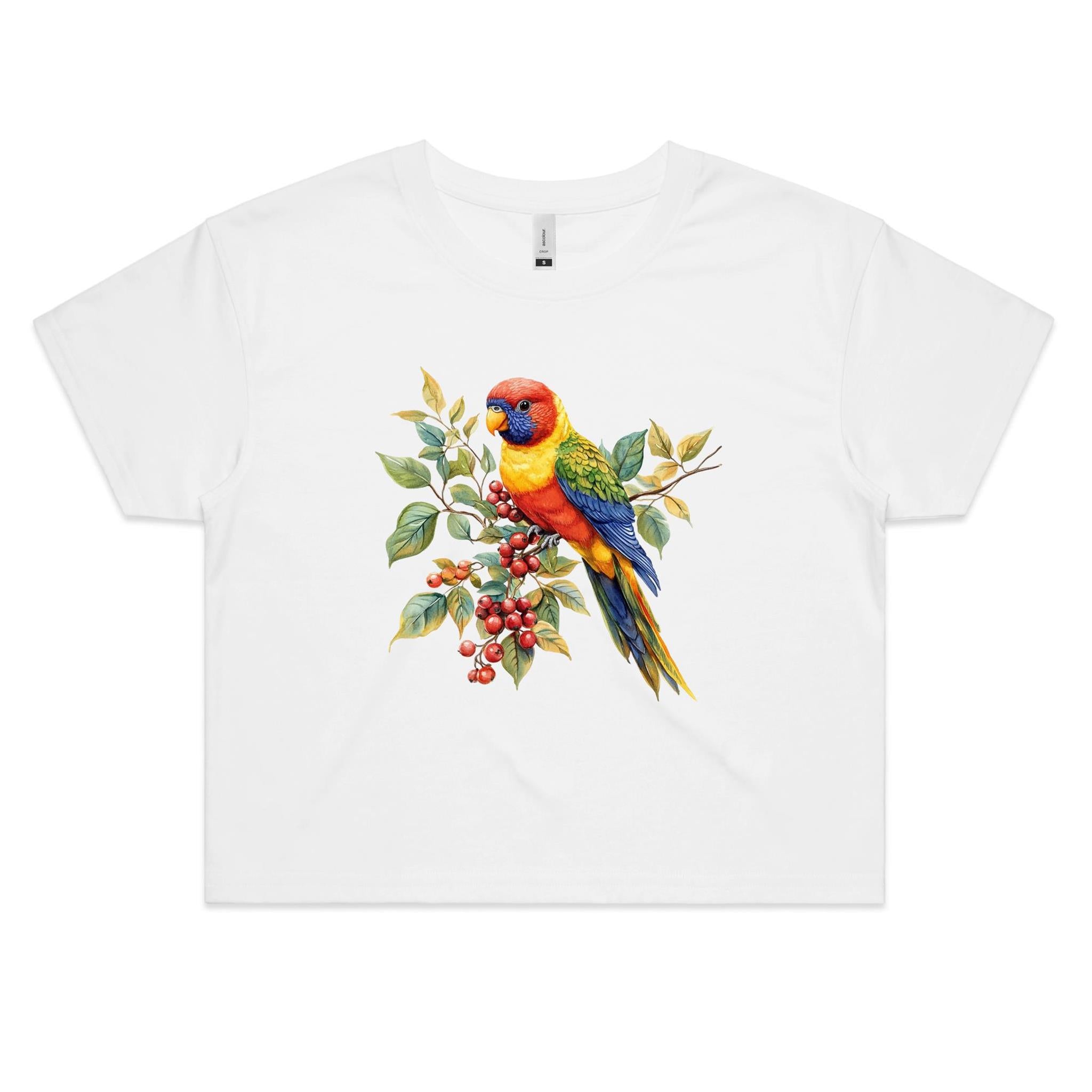 Lorikeet Women's AS Colour Crop Tee White animal Birds Printed In Australia
