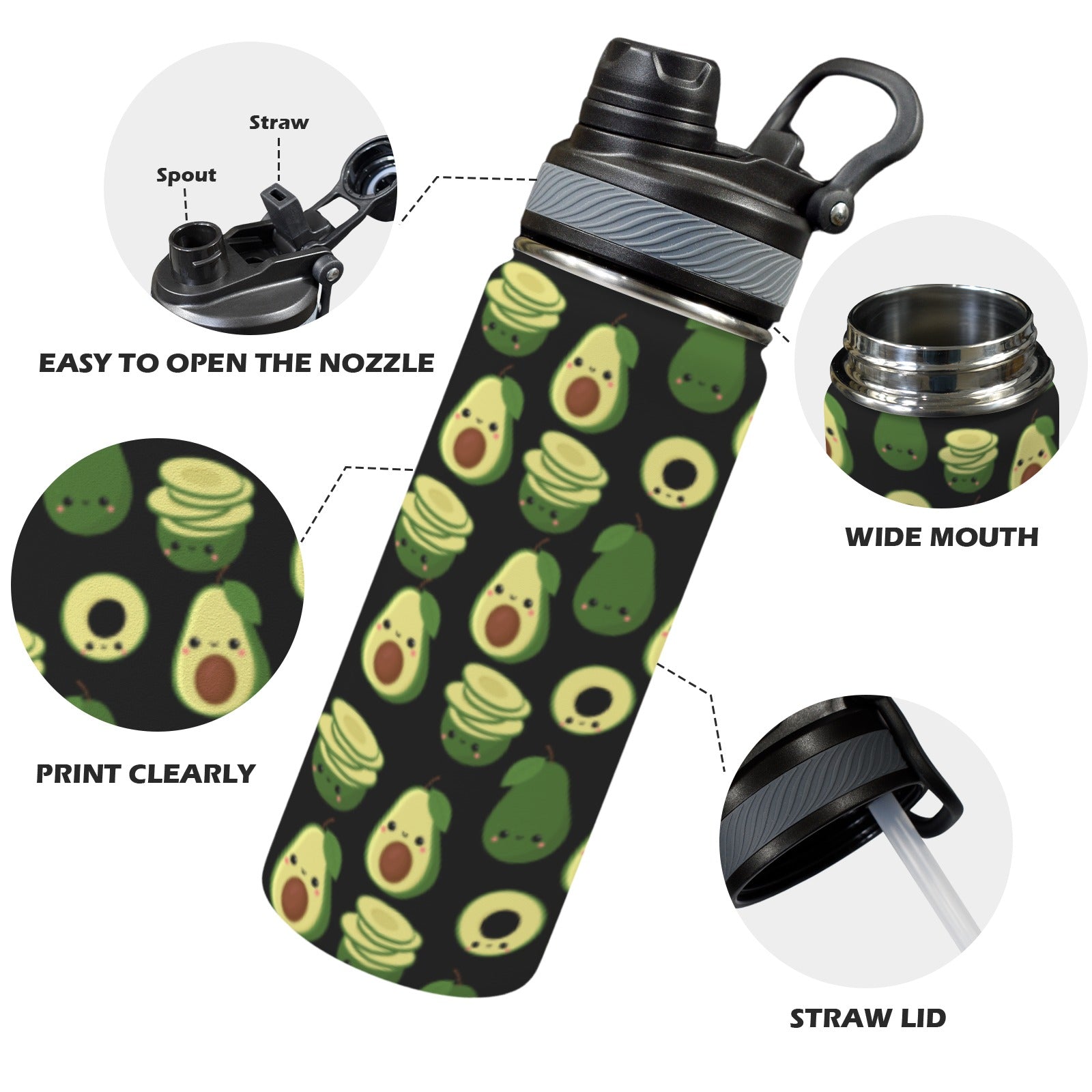 Cute Avocados - Insulated Water Bottle with Dual-Use Lid (18oz) Insulated Water Bottle with Dual-Use Lid (18oz) Food Printed Offshore