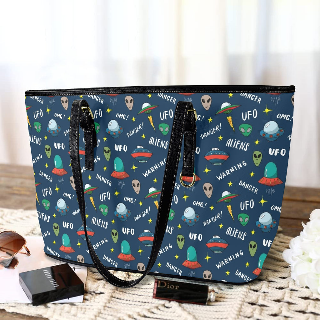 UFO's And Aliens PU Leather Tote Bag Large Leather Tote Bag-Large Printed Offshore Sci Fi