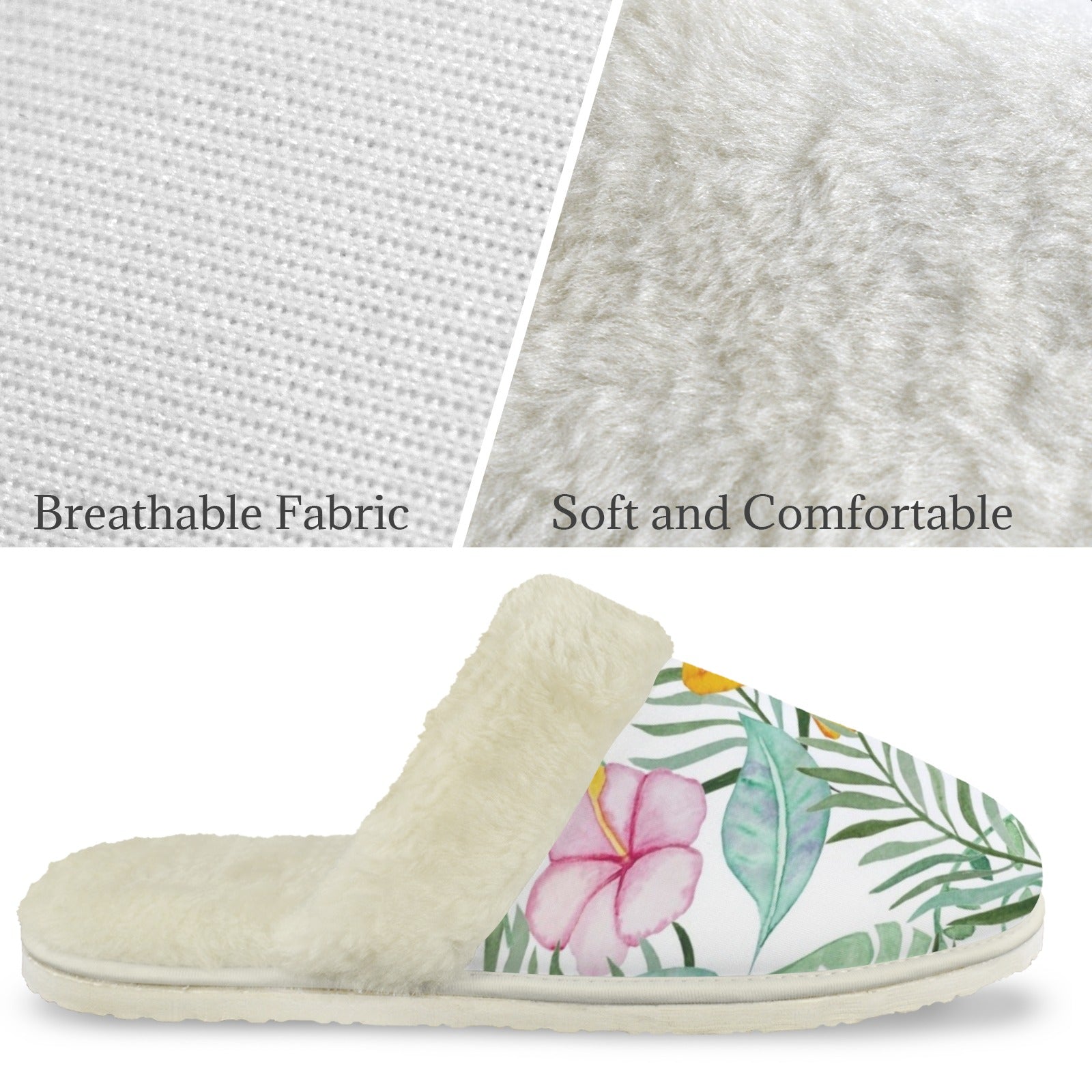 Tropical Flowers And Leaves Women's Fur Trim Thick-Sole Indoor Slippers Women's Fur Trimmed Slippers Plants Printed Offshore