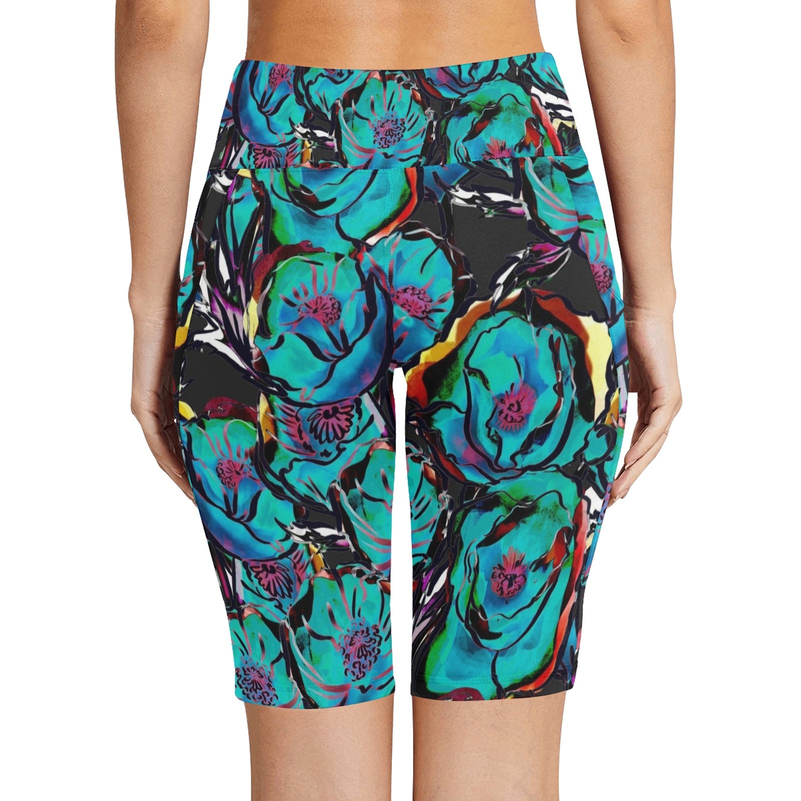 Flower It Blue Women's Bike Shorts With Side Pockets Women's Bike Shorts Plants Printed Offshore