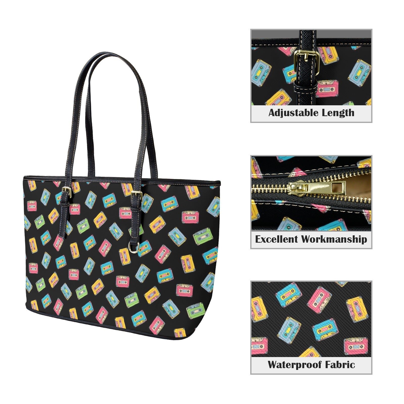 Colourful Cassettes - PU Leather Tote Bag - Large