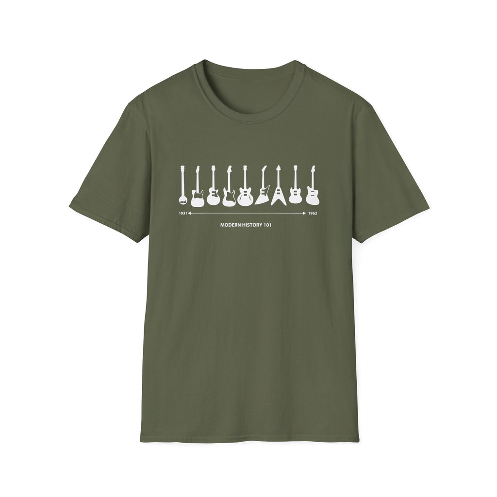 Guitar Timeline Unisex Softstyle T-Shirt Military Green Unisex Adult T-shirt Australian Printer Music