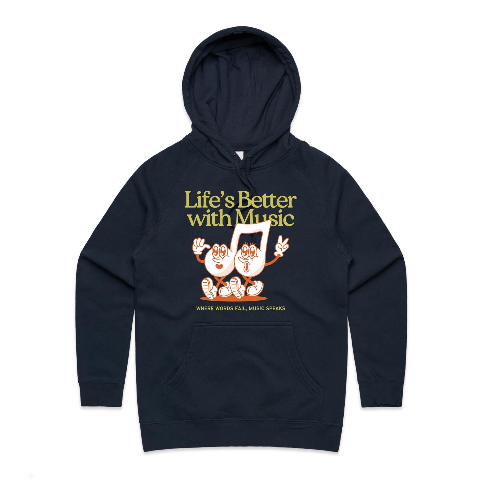 Life's Better With Music - Womens Hoodie Navy Womens Hoodie Music Printed In Australia