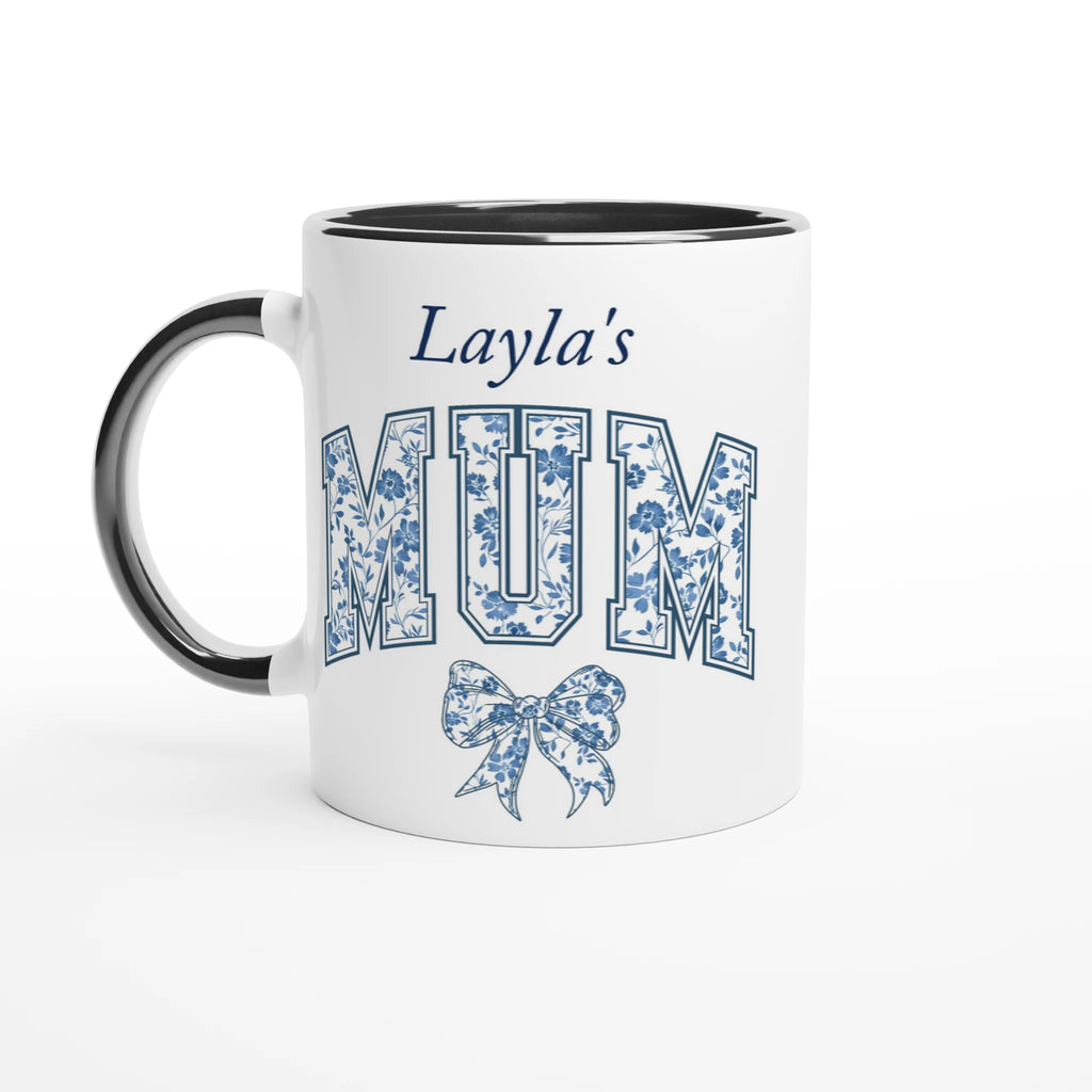 Personalise - Mum, Blue Floral - 11oz Ceramic Mug Ceramic Black Personalised 11oz Mug customise Globally Fulfilled Mum Name personalise