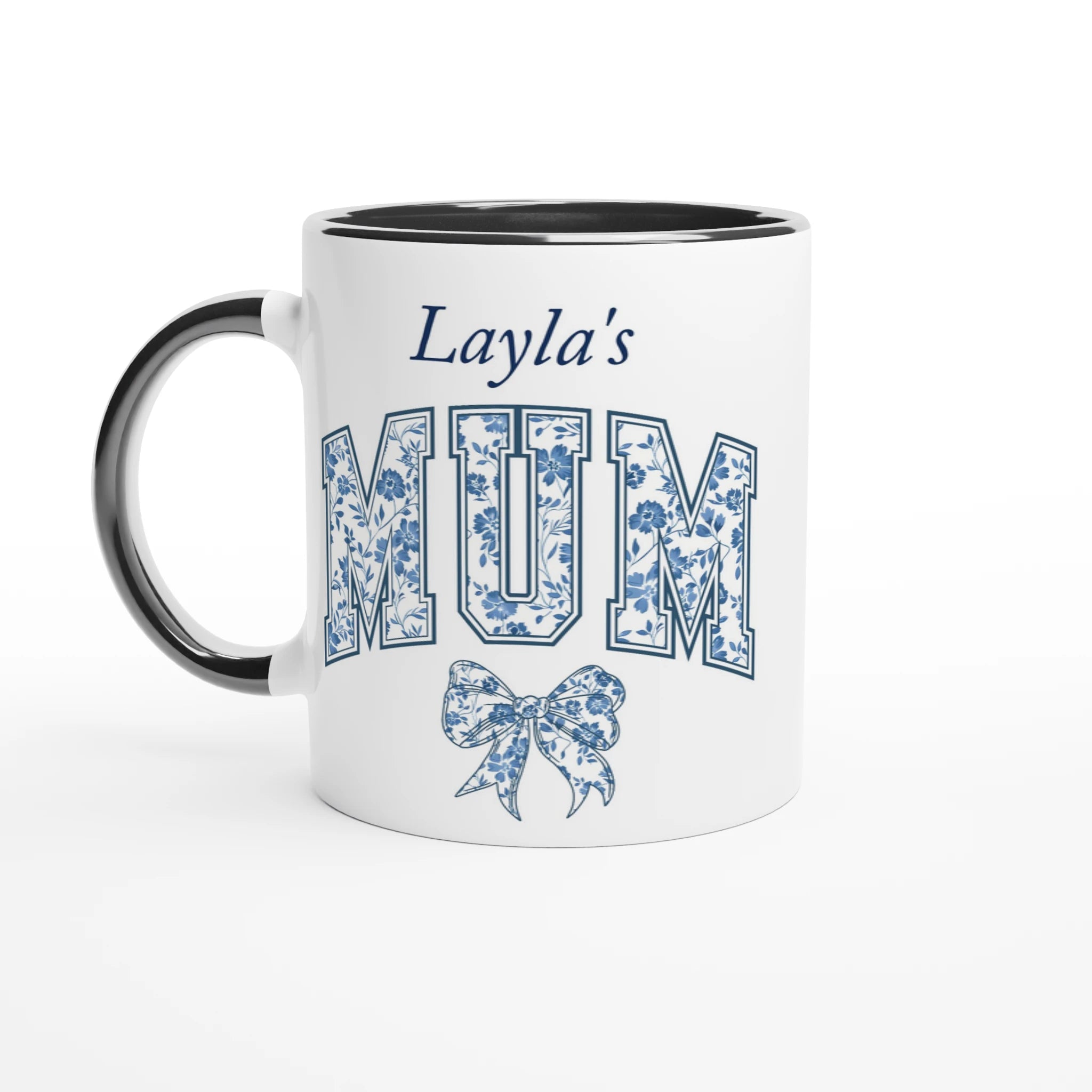 Personalise - Mum, Blue Floral - 11oz Ceramic Mug Ceramic Black Personalised 11oz Mug customise Globally Fulfilled Mum Name personalise