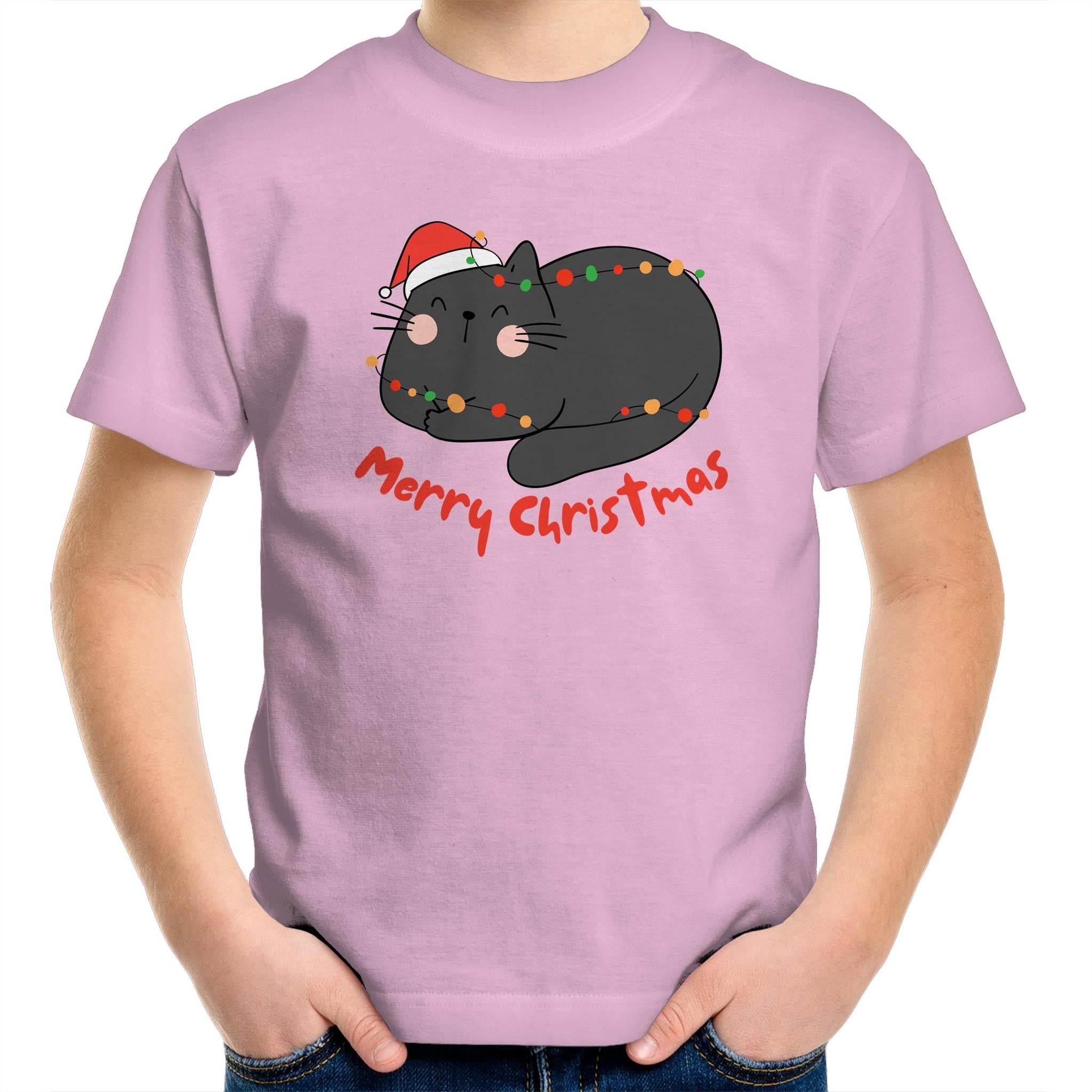Cat Merry Christmas - Kids Youth T-Shirt Pink Kids Christmas T-shirt Christmas Printed In Australia