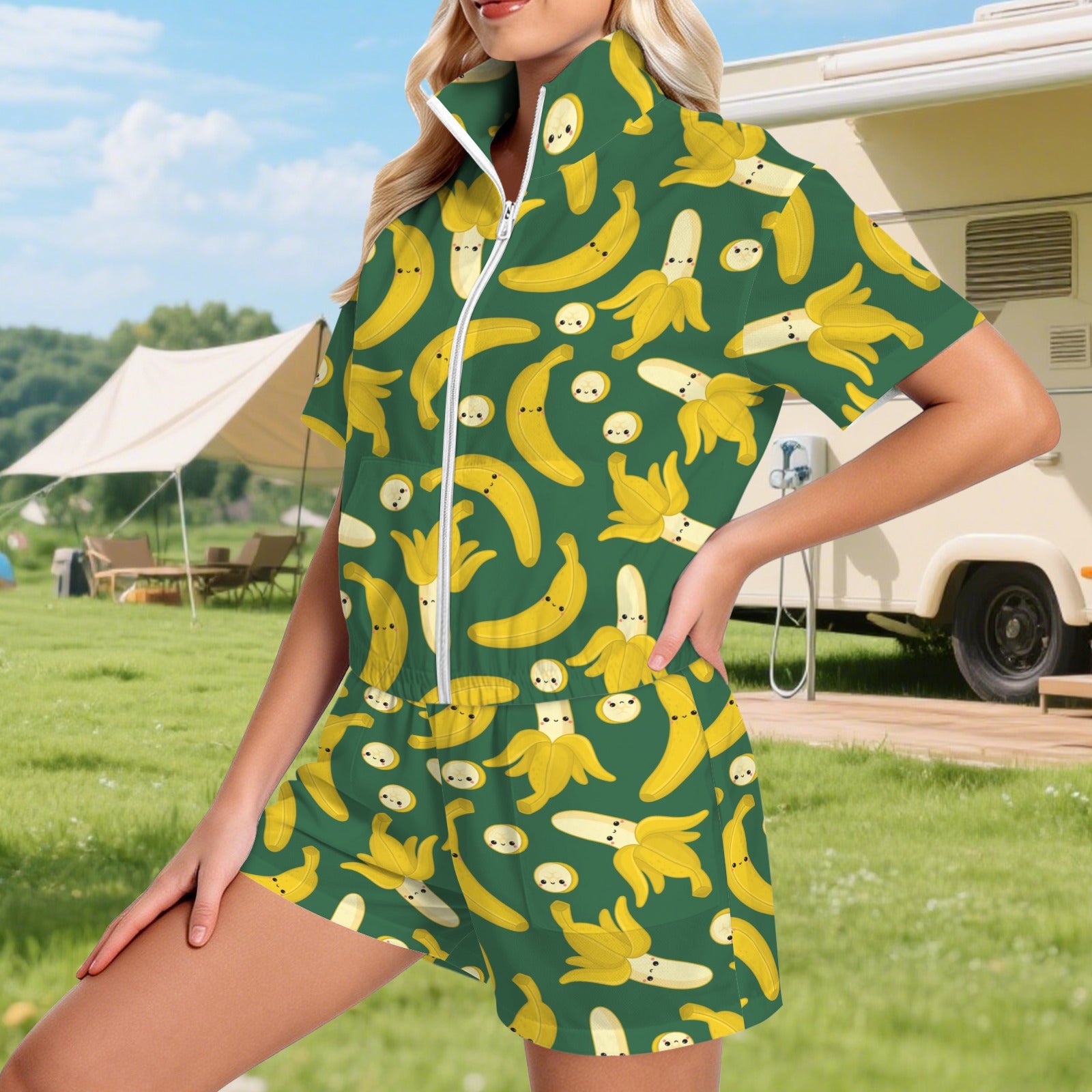 Happy Bananas Women's Windbreaker Short Set Women's Windbreaker Short Set Food Printed Offshore