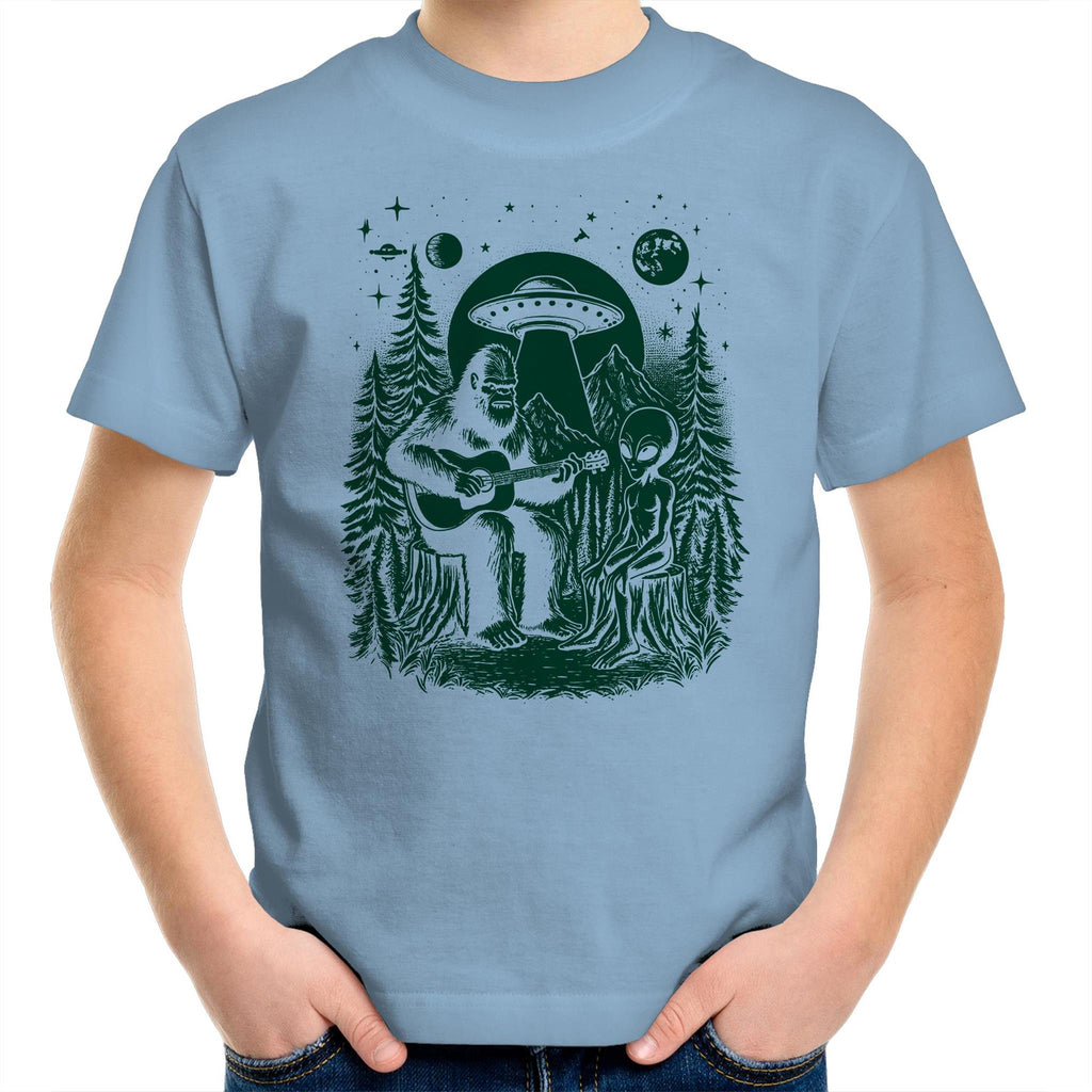 Alien And Bigfoot Playing Guitar - Kids Youth T-shirt Carolina Blue Kids Youth T-shirt Music Printed In Australia Sci Fi