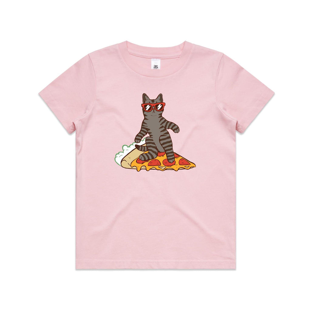 Cat Surfing On Pizza Kid's AS Colour T-shirt