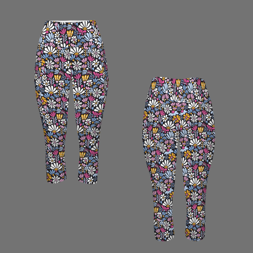 Graphic Flowers On Black Women's High Waist Pocket Capri Yoga Leggings Women's High Waist Capri Yoga Leggings Plants Printed Offshore