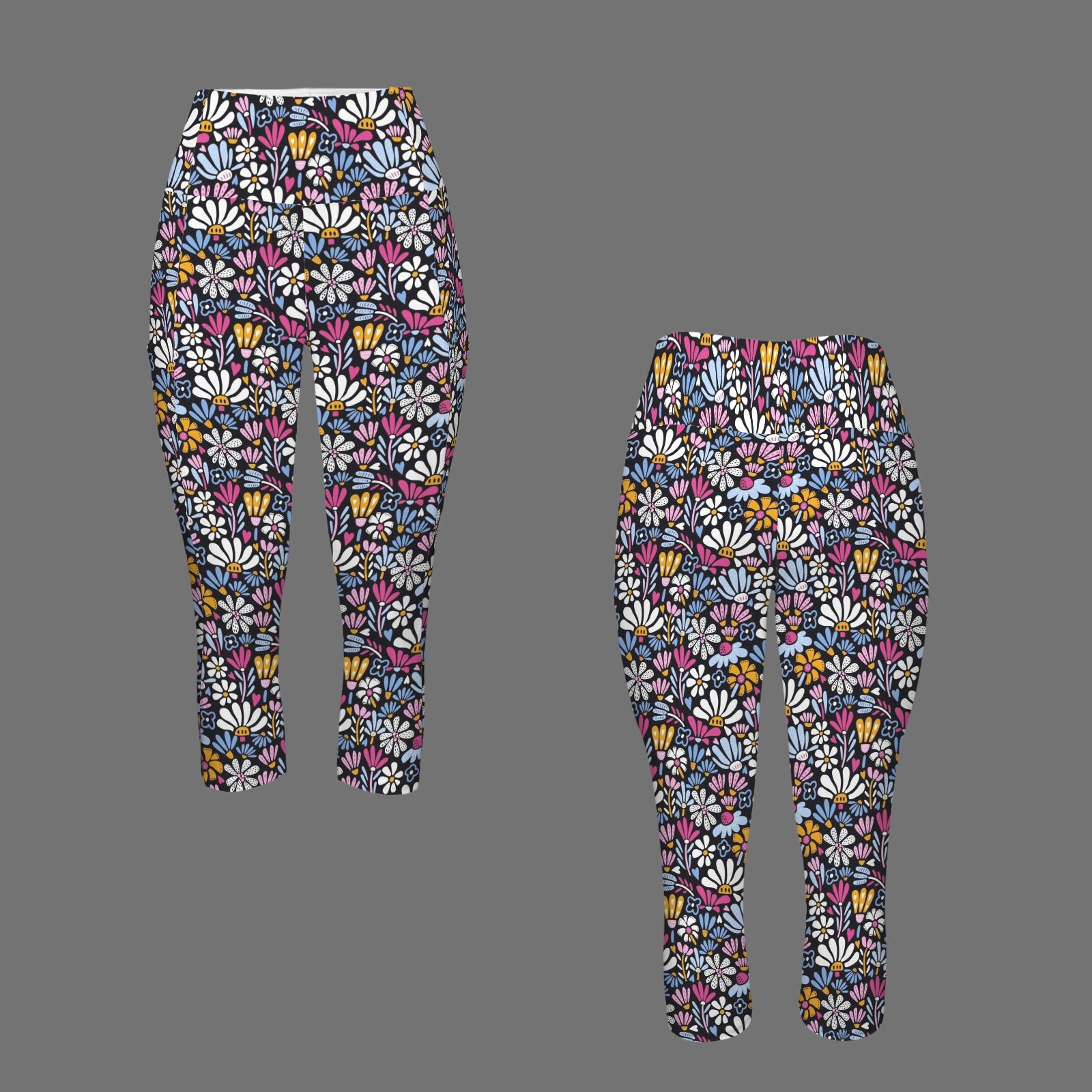 Graphic Flowers On Black Women's High Waist Pocket Capri Yoga Leggings Women's High Waist Capri Yoga Leggings Plants Printed Offshore