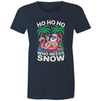 Santa, Who Needs Snow - Womens T-shirt Navy Womens Christmas T-shirt Christmas Printed In Australia