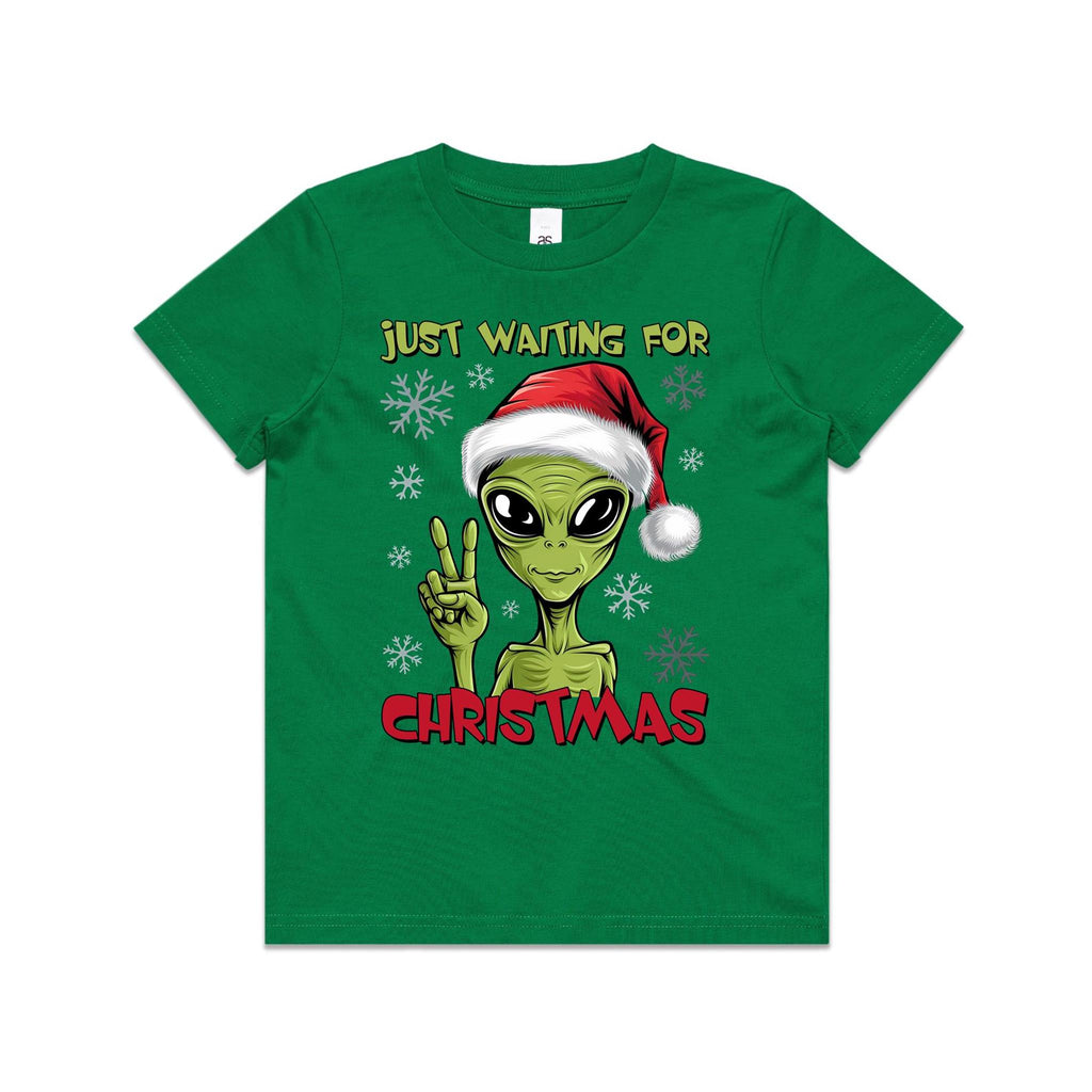 Just Waiting For Christmas, Alien - Kids Youth T-shirt Kelly Green Kids Christmas T-shirt Christmas Printed In Australia