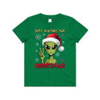 Just Waiting For Christmas, Alien - Kids Youth T-shirt Kelly Green Kids Christmas T-shirt Christmas Printed In Australia
