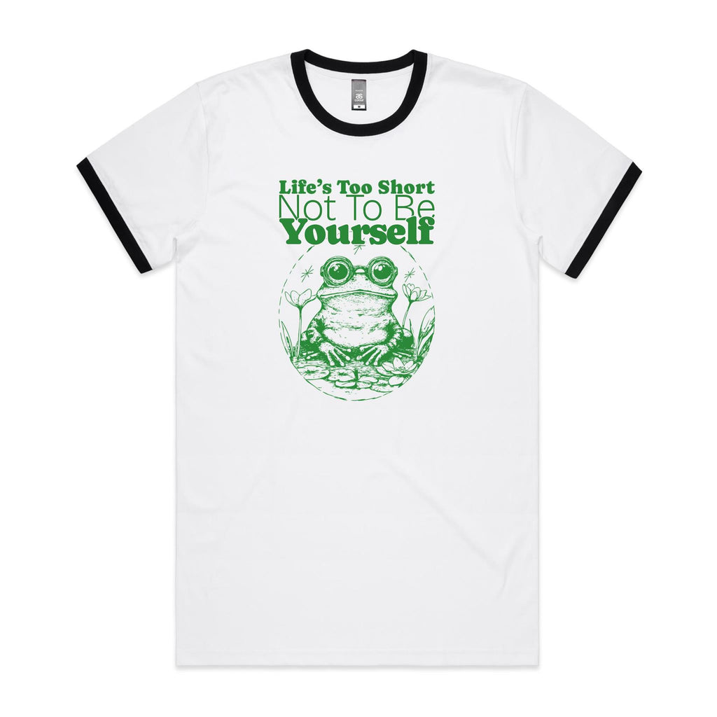 Life's Too Short Not To Be Yourself Men's AS Colour Ringer Tee White Black Ringer T-Shirt Positivity Printed In Australia
