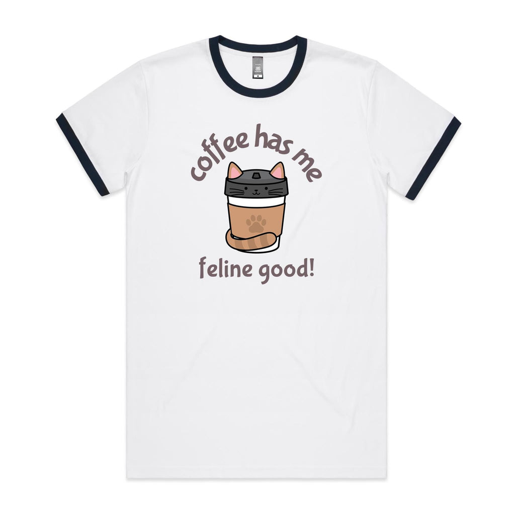 Coffee Has Me Feline Good - Staple Ringer Tee White Navy Ringer T-Shirt animal Coffee Printed In Australia