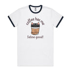 Coffee Has Me Feline Good - Staple Ringer Tee White Navy Ringer T-Shirt animal Coffee Printed In Australia