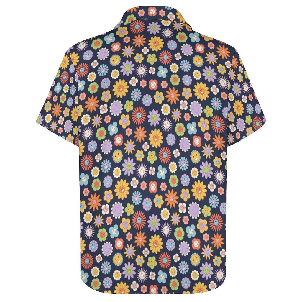 Groovy Flowers Women's Collared Pocketless Short Sleeve Shirt