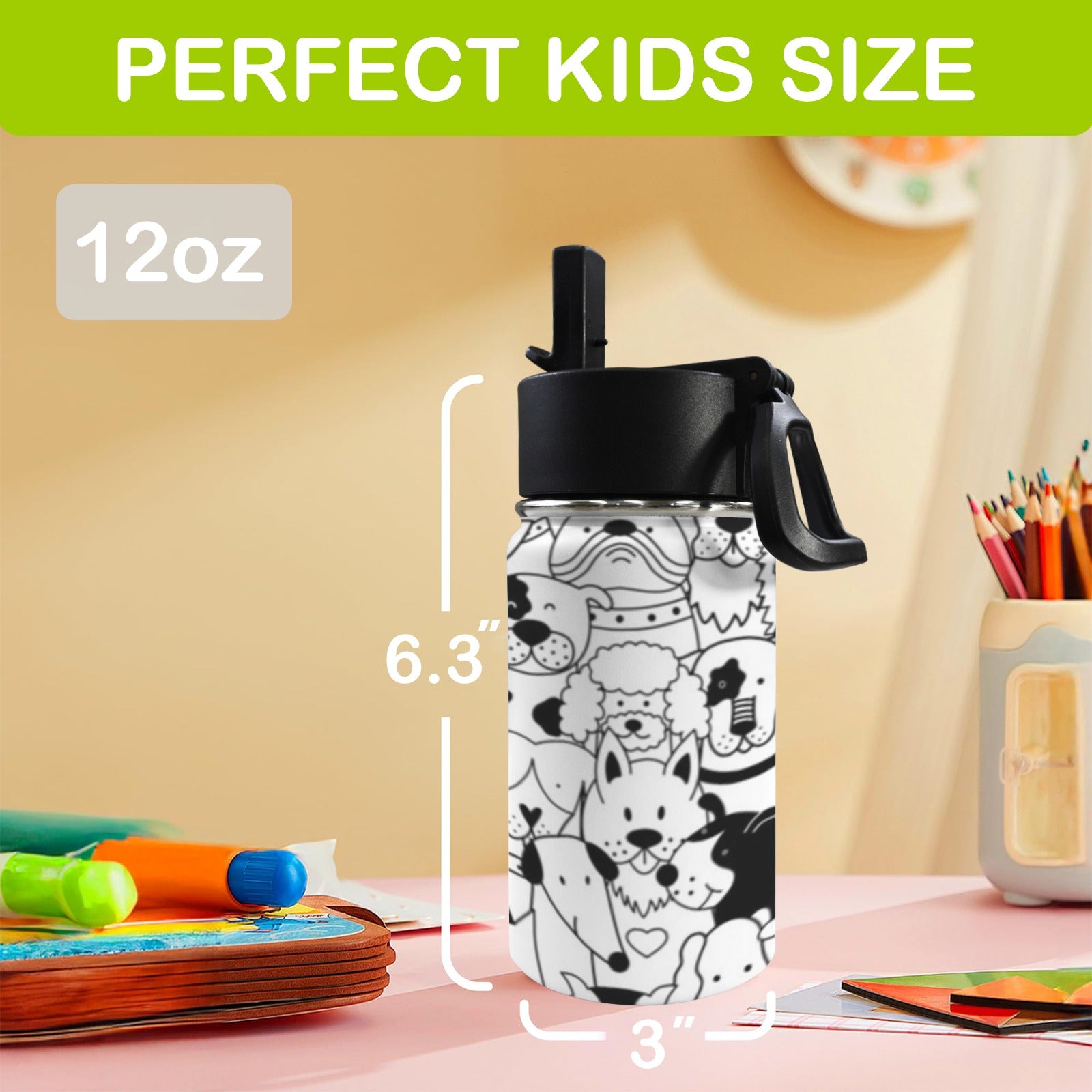 Black And White Dogs 12oz Kids Water Bottle with Straw Lid