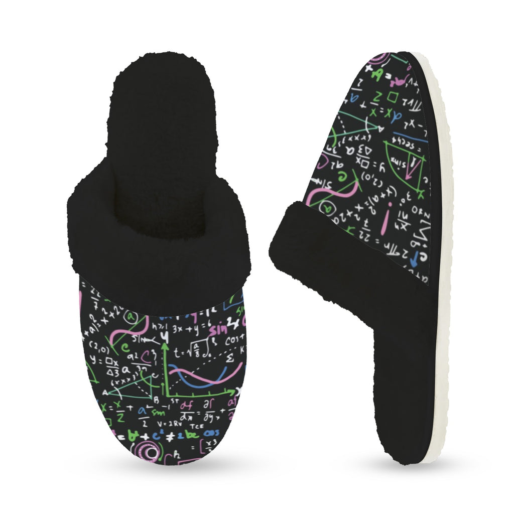 Equations In Green And Pink Women's Fur Trim Thick-Sole Indoor Slippers Women's Fur Trimmed Slippers Maths Printed Offshore
