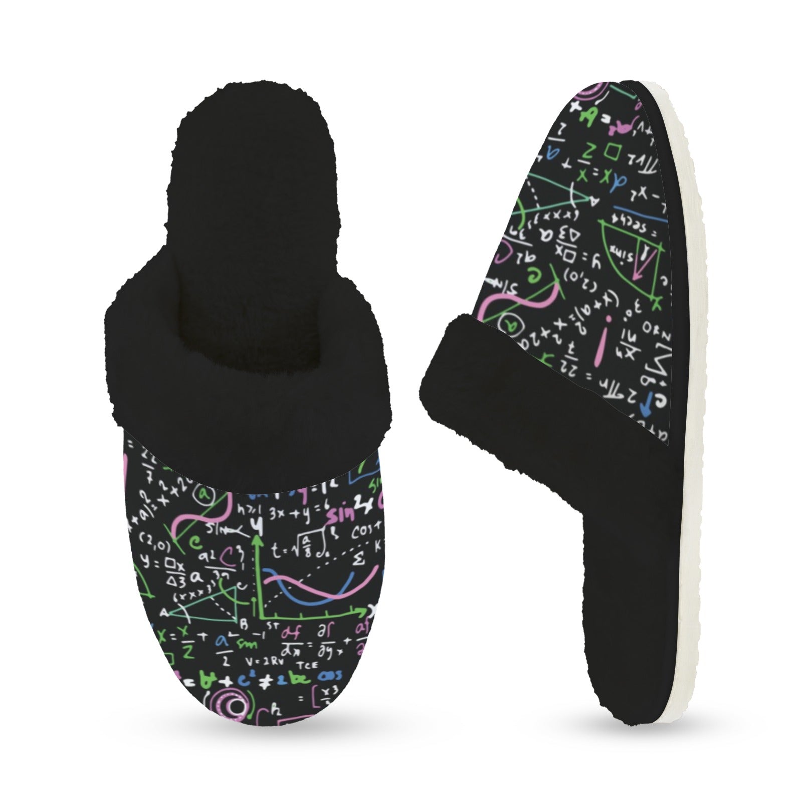 Equations In Green And Pink Women's Fur Trim Thick-Sole Indoor Slippers Women's Fur Trimmed Slippers Maths Printed Offshore