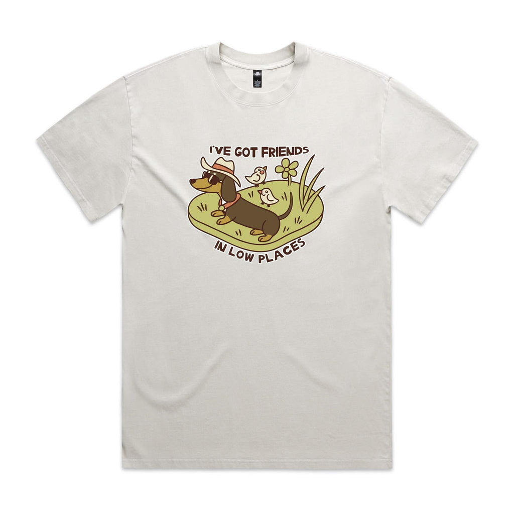 Dachshund, I've Got Friends In Low Places AS Colour Heavy Faded Tee Unisex Faded bone Heavy Faded T-shirt animal Printed In Australia