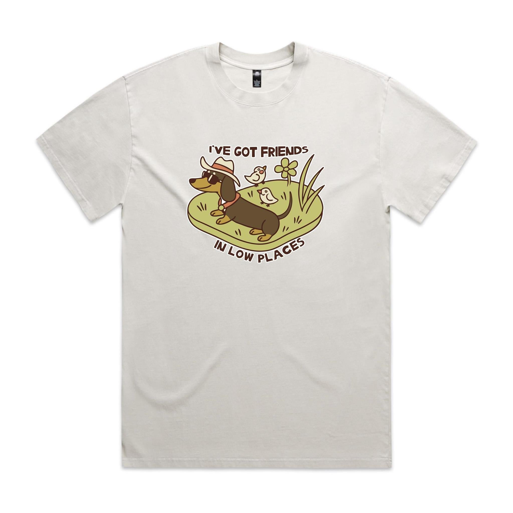Dachshund, I've Got Friends In Low Places AS Colour Heavy Faded Tee Unisex Faded bone Heavy Faded T-shirt animal Printed In Australia