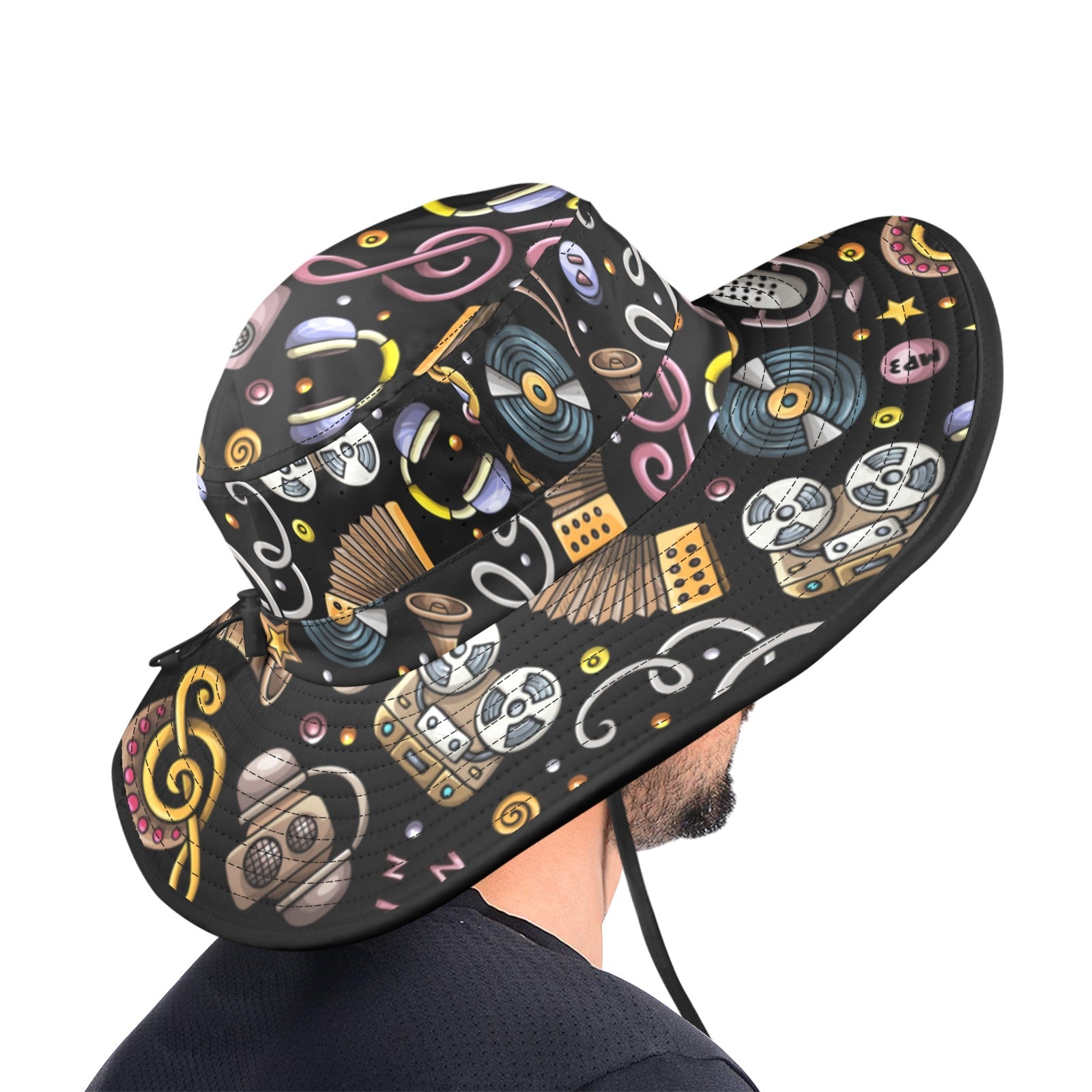 Retro Music Mix Wide Brim Bucket Hat Wide Brim Bucket Hat Music Printed Offshore Retro