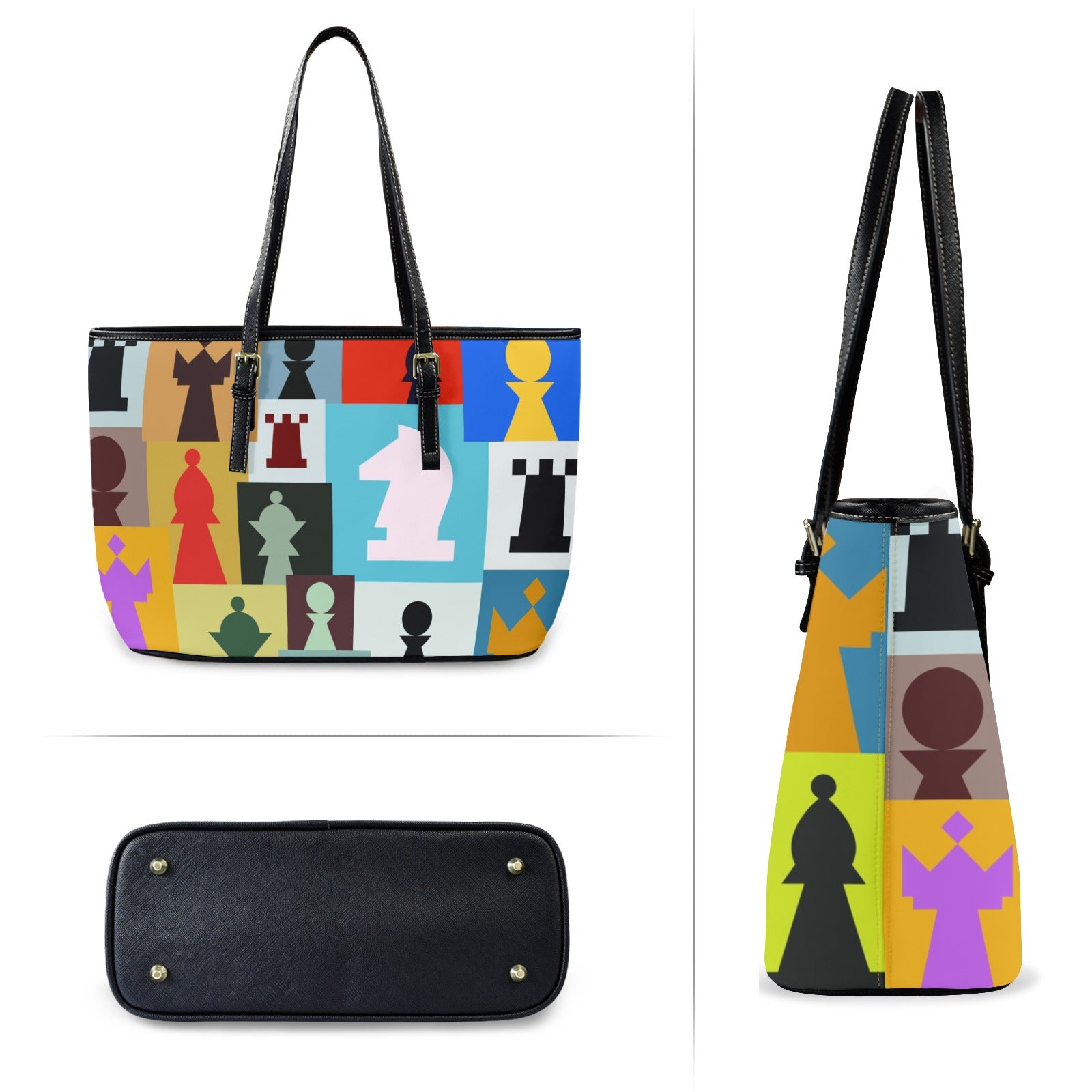 Colourful Chess - Leather Tote Bag-Large