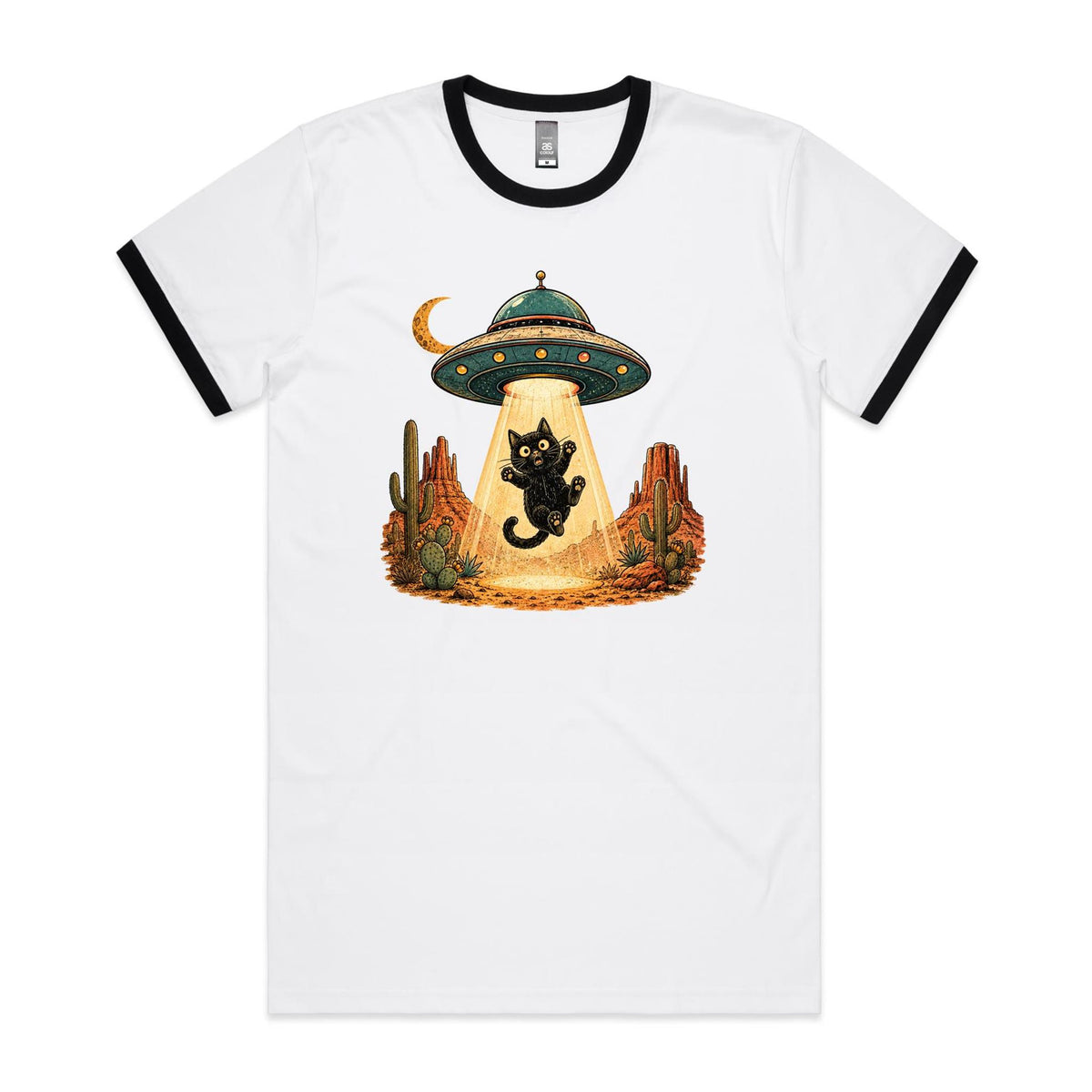 Black Cat Alien UFO Abduction Men's AS Colour Staple Ringer Tee
