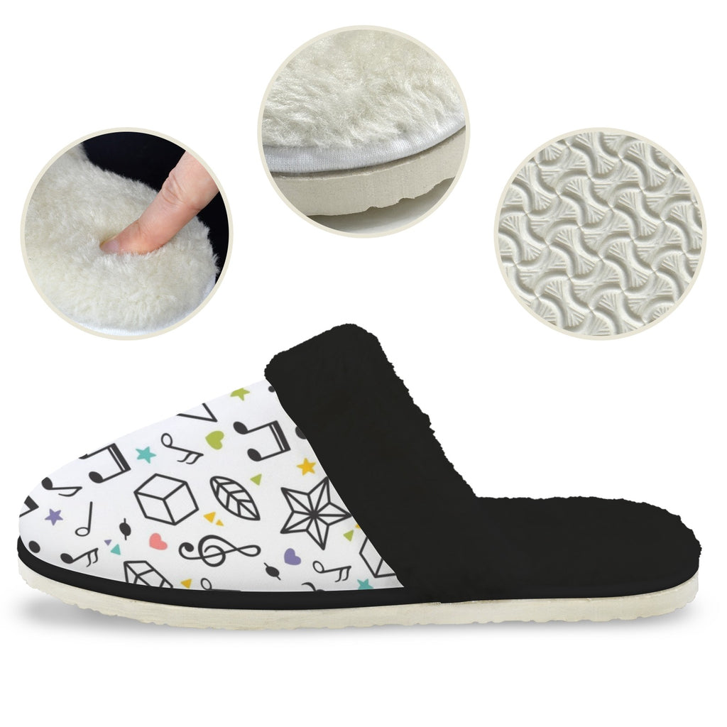 Music Time Women's Fur Trim Thick-Sole Indoor Slippers Women's Fur Trimmed Slippers Music Printed Offshore