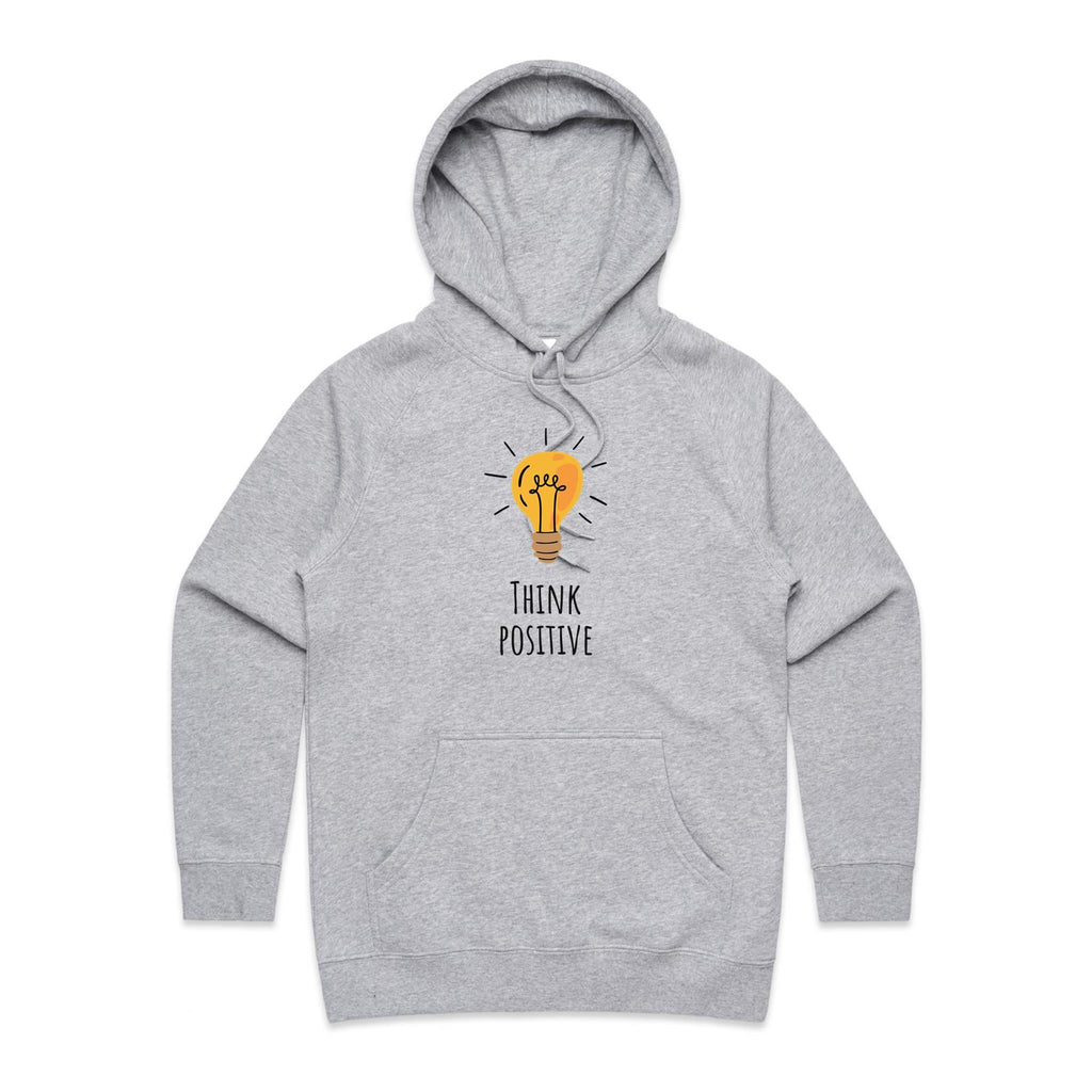 Think Positive, Lightbulb - Womens Hoodie Grey Marle Womens Hoodie Positivity Printed In Australia