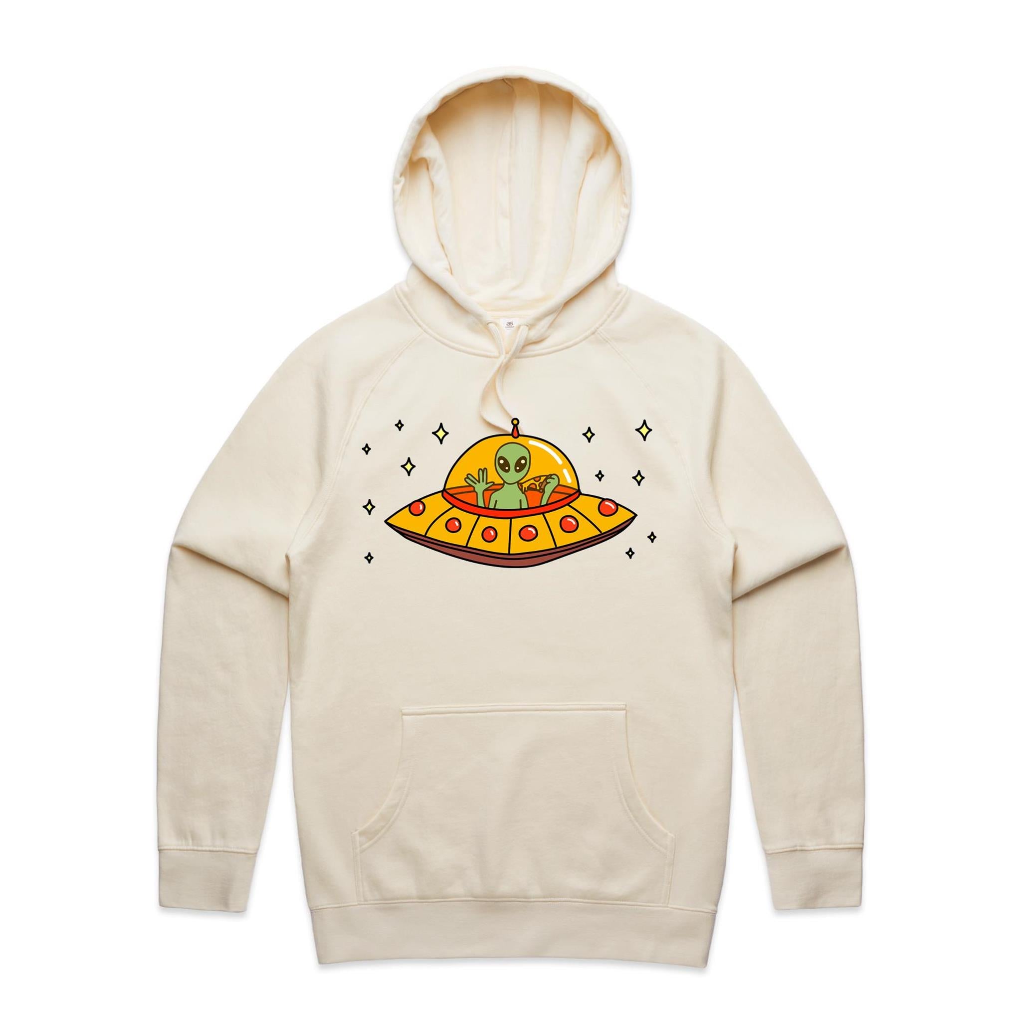 Alien Pizza - Mens Hoodie Ecru Mens Hoodie Food Printed In Australia Sci Fi